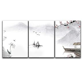 3 Panel Canvas Wall Art - Chinese Ink Painting Style Landscape with Mountains and River in Spring - Giclee Print Gallery Wrap Modern Home Art Ready to Hang - 16"x24" x 3 Panels