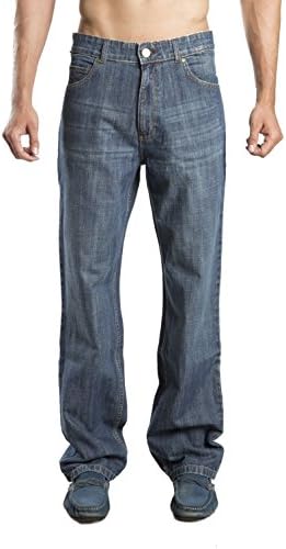 Zeme Mens 100% Certified Organic Cotton Jeans, Relaxed Fit Blue Wiskers Wash Denim Pants