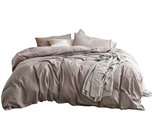 DAPU 55% French Linen 45% Cotton Duvet Cover with 2 Pillowcases, 3 Piece Ultra Soft Breathable Bedding Comforter Cover Sets with Button Closureï¼ˆGray/Linen Cotton, Kingï¼‰
