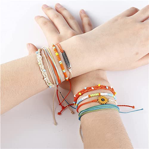 ISWAKI 8Pcs Sunflower Bracelets Hand String Bracelets Handmade Braided Rope Charms Boho Summer Beach Bracelet for Women Girls (Keep Fucking Going)…