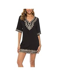 Vestidos de camiseta casual de verano Boho para mujer Vestido de manga corta bordado mexicano