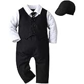 Dressy Daisy Infant Baby Boy One Piece Vest Suit Set with Hat Onesie Gentleman Formal Romper Outfit, Black/Khaki