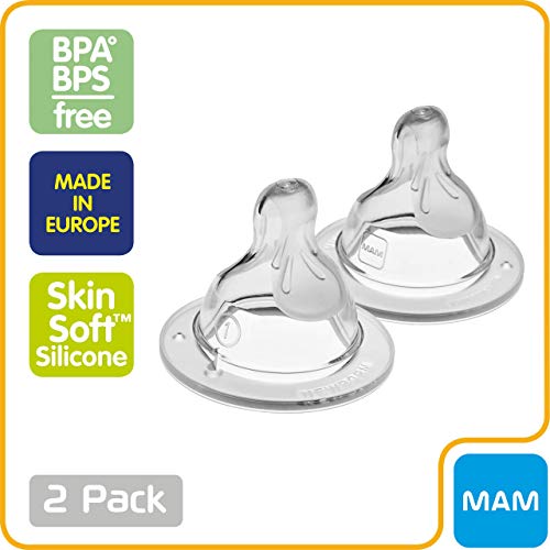 MAM Bottle Nipples Slow Flow Nipple Level 1, for Newborns and Older, SkinSoft Silicone Nipples for Baby Bottles, Fits All MAM Bottles, 2 Pack