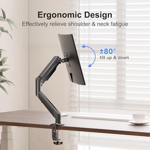 Suptek Single Monitor Arm Gas Spring, Monitor Arm Desk Mount for 17-35 inch Monitors up to 11kg, Tool Free Height Adjustable Screen Arm with Tilt Swivel Rotation, VESA 75/100mm, C-clamp/Grommet Option