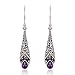 925 Sterling Silver Bali Detailed Filigree Genuine Purple Amethyst Stone Dangle Earrings