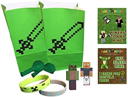 Pixel Party Toys Miner-Themed Party Favor Bag Add-On Set (2-Pack) - Birthday Party Supplies Kit Includes Goody Bags, Stickers, Wristbands, Mini Character Toys, Balloons
