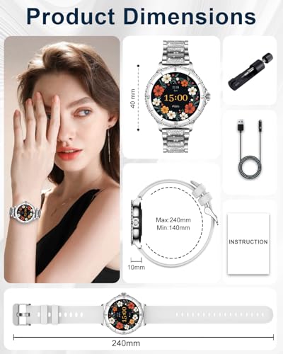 Reloj Inteligente Mujer con Llamadas, 1.27'' Smartwatch Mujer con Correa de Diamante, Compatible con Android/iOS, IP68 Impermeable Smart Watch Redondo con Monitor Sueño Pulsometro Sangre Presión Plata