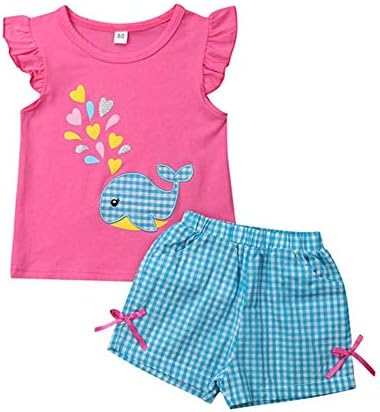 Baby Girls Ruffle Outfit Whale Print T-Shirt Tops + Plaid Short Pants Toddler Girl Clothes Vest Set