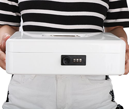 Metal Cantilever Cash Box with Combination Lock, Decaller Large Lock Money Box - 5 Compartments with Cover & 4 Spring-Loaded Clips for Bills, White, 11 4/5" x 9 2/5" x 3 1/2", QH3010L