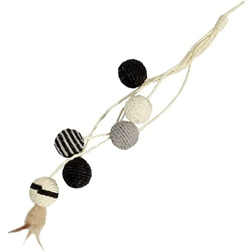 Bobby Bille - Scratching Post Cat Toys in recycled rope, with balls and feathers, to hang, Black, 52 CM