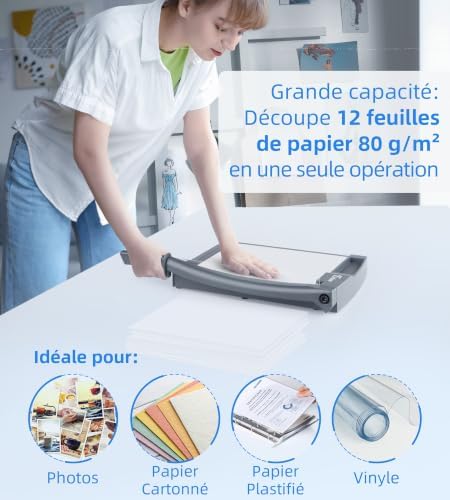 12" Guillotine Massicot Robuste d'une capacité de 12 feuilles avec protection et verrouillage de la lame pour papier cartonné, photos, scrapbooking, bureau, salle de classe, studio