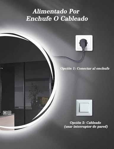 SAGIWO Espejo para Baño con Luz Led 70 * 70 cm, Espejo Inteligente Antivaho Redondo, con Luz Ajustable en 3 Colores, Función de Hora, Instalación Vertical/Horizontal
