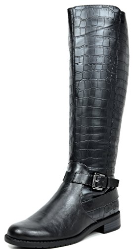 TOETOS SANCHEZ Women's Fashion Daily Casual Knee-High Buckle Lady Winter Riding Boots Wide Calf BLACK CROCO SIZE 7