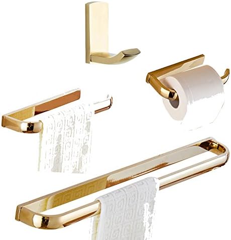 CASEWIND 4 Pieces Polished Gold Bathroom Accessory Sets, Solid Brass Construction Wall Mounted Robe Hook Towel Bar Towel Ring Paper Holder