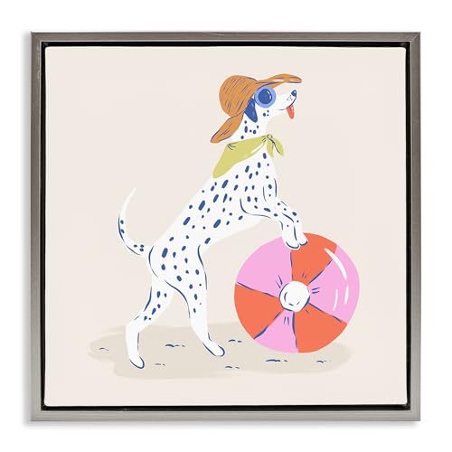 Stupell Industries Beach Ball Dalmatian Gray Framed Floater Canvas Wall Art des…