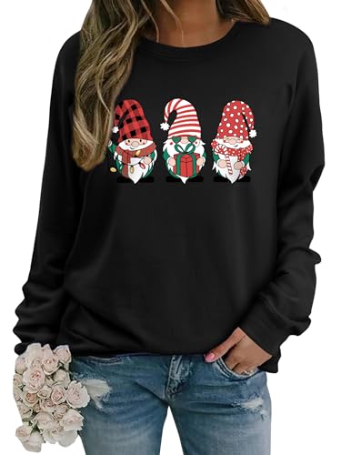 WIEIYM Sweat-shirt de Noël à manches longues imprimé col rond pull top de fête automne hiver manches longues blouse tops extensibles légers sweat-shirts basiques confortables haut, G-black, L