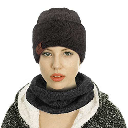 mysuntown Beanie Hat Scarf and Glove Set, Winter Beanie Neck Warmer, Women Hats 3-Piece, Touchscreen Gloves, Black