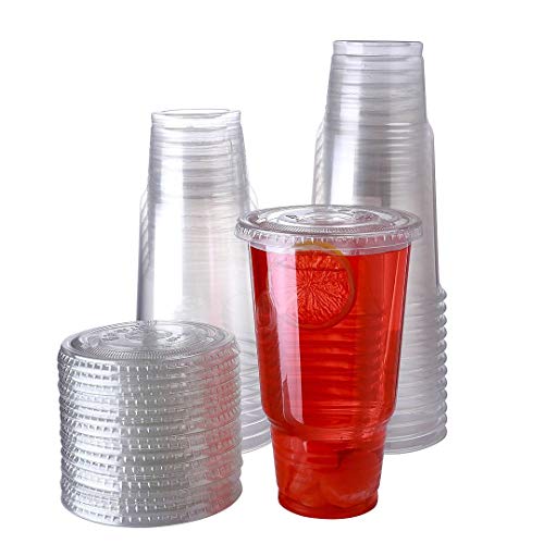 Star555，32 oz 25 sets clear Disposable Plastic Cups with Flat Lids