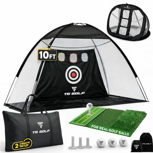 TS Golf Practice Net with Mat & Chipping Target – 3x2.1m Golf Driving Nets for Garden & Indoor Use – Complete Set with Tri-Turf Mat, 5 Balls, 3 Tees & Carry Bag for Golf Practice, chipping game