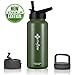 The Flow Insulated Water Bottle Large 32oz Stainless Steel Vacuum Flask With Wide Mouth Straw Lid, Coffee Flip Lid and Carabiner, Double Wall Sports Travel Tumbler (Olive Green, 1L)