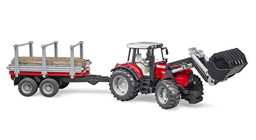 bruder 02046 - Massey Ferguson 7480 mit Frontlader, Holztransportanhänger, 3 Baumstämmen - 1:16 Traktor Trecker Schlepper Transportanhänger Tieflader Landwirtschaft Bauernhof Spielzeug – Bild 3