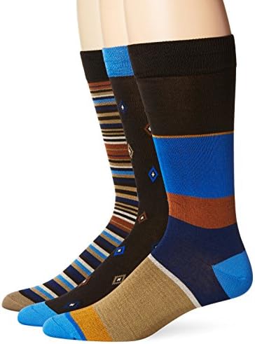Tallia Men's Stripe Diamond Window Pane Crew Socks, Brown/Blue, One Size 10-13/Shoe Size 6-12  (Pack of 3)