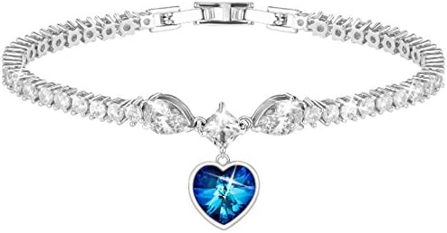 Lydia Queen Jewelry Tennis Bracelet Love Heart Ocean Blue Crystal Bracelet for Women and Teens Sapphire Crystal Charm Eternal Love Bangle
