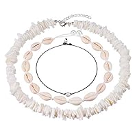 Valyria Cowrie Shell Choker Necklace for Women Adjustable Puka Chips Shell Surfer Choker Necklace Jewelry Set Pearl Cord Necklace