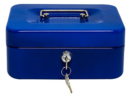 Royal Brands Cash Box with Key Lock, Portable Metal Storage Box, Money Box w/Double Layer 2 Keys for Security, Festivals, Fundraisers, Garage/Yard Sales (Blue, M 8x6.5x3.5 in)