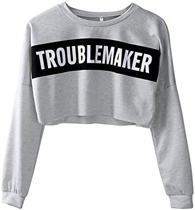 Women Letter Printed Casual Loose Long Sleeve Gray Crop Top T-Shirt (Tag S -- US 4-6, Dark Grey)