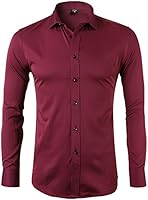 INFLATION Men's Bamboo Fiber Dress Shirts Slim Fit Solid Long Sleeve Casual Button Down Shirts, Elastic Formal Shirts for Men,Red Shirts