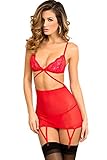 Rene Rofe Women's Lace and Mesh Garter Chemise and G-String Set, Red, Small/Medium