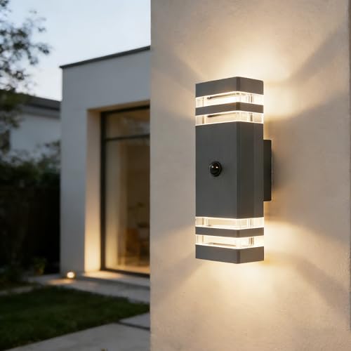 YOVGQOLV PIR Motion Sensor Lights Outdoor Up Down Front Door Light GU10 | Square Exterior Sconce Mains Powered with 2×5W 3000K GU10 Bulbs,IP54 Waterproof Outside Lights Porch,Anthracite Grey 1 Pack