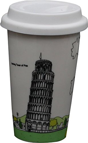 Suner 12-ounce Double-wall Ceramic Coffee Cup, eco cup (Leaning Tower of Pisa)