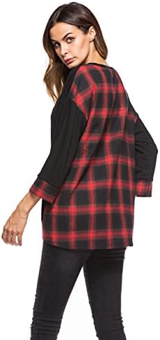 Lyoye Women's Casual Crewneck Loose Bat 3/4 Sleeve Plaid T-Shirt Blouse Tops Tunic Red XL