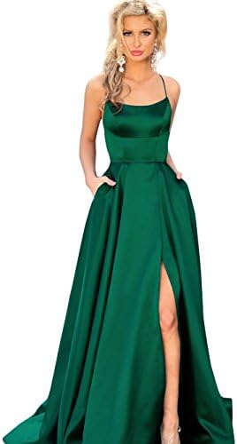 Womens Long Halter Split Prom Party Dresses with Pockets Spaghetti Straps Evening Formal Gown PM10