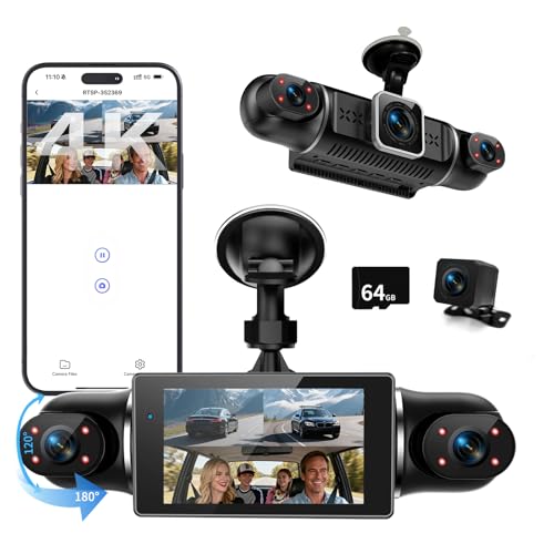360° Dash Cam Car Front Rear 4 Channel Dash Cam Car Camera FHD 4K + 1080Px3, Free 64GB SD Card, WDR Night Vision (8 IR LEDs), G-Sensor, 4 x 140° Wide Angle, 3 Inch IPS Display, 24/7 Parking Mode, Loop
