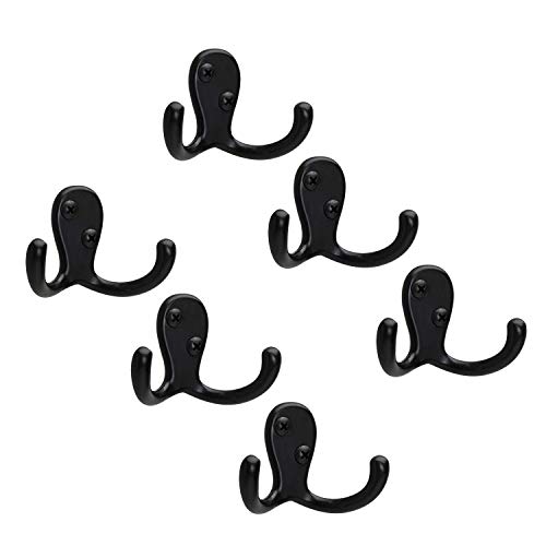 Heavy Duty Double Coat Hooks: Oil Rubbed Bronze Finish 6 Pack | Wall Hook Perfect for Hats, Bags, Robes and Towels | Two Pronged Hooks are Ideal for Home, Kitchen, Bathroom and Office Use