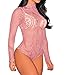 Shawhuwa Womens Sexy Sheer Mesh Floral Print Long Sleeves Bodysuit Tops M B-Pink