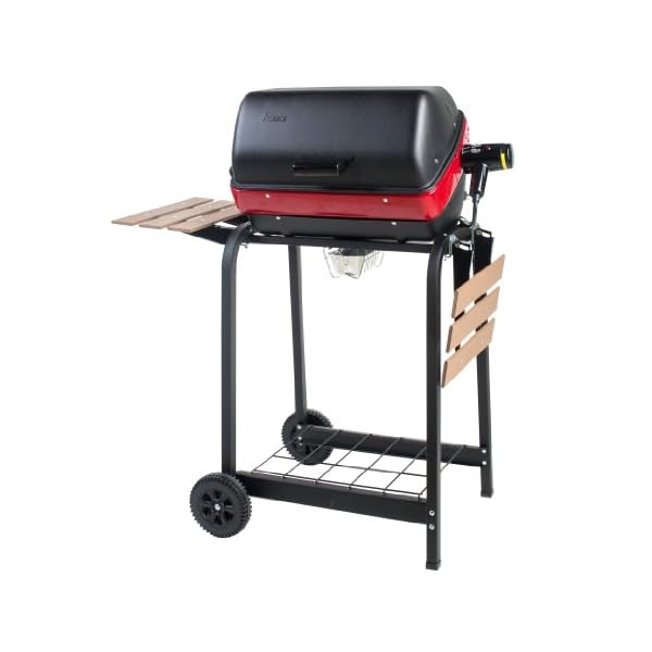 Americana-Electric-Cart-Grill-with-two-folding-composite-wood-side-tables-and-wire-shelf