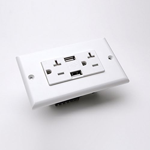 NUR 3.1 Amp High Speed USB Charger ,2 Port USB Outlet, 20 Amp 110V Receptacle, Wall Plate Included with Screw, White, UL Listed USB Receptacle