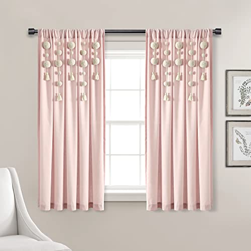 Lush Decor Boho Pom Pom Tassel Linen Window Curtain Panel (Single Panel), 63 L x 52 W, Blush