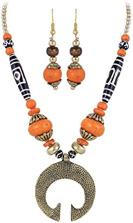 ARITTRA Purple\Red\Black\Yellow\Orange Stone Golden Brass Round Pendant Necklace Set with Earrings for Women