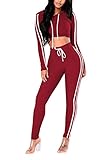 Pink Queen Womens Long Sleeve Side Stripe Crop Top  Leggings 2 Piece Sport Wear,Wine Red-long Sleeve,Small
