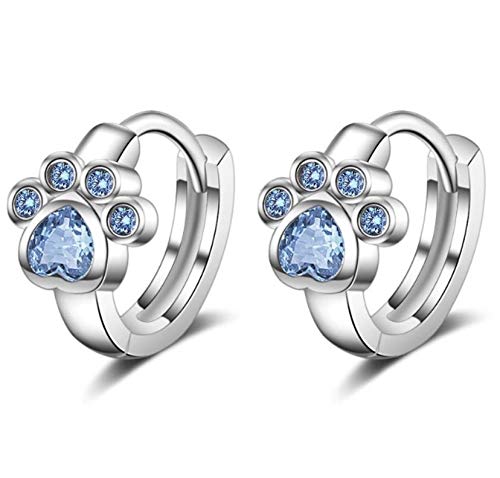 AT Jewellery - 925 Sterling Silver Girl's Kid's Paw Print Blue Gemstone Huggie Hoop Earrings