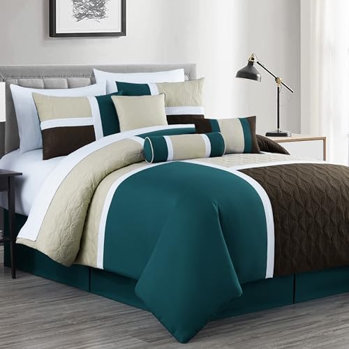Chezmoi Collection Upland 7-Piece Quilted Patchwork Comforter Set, Teal/Beige/Brown, King