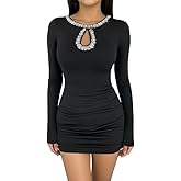 Ninimour Long Sleeve Dress for Women Rhinestone Bodycon Dress Side Ruched Design Mini Going Out Dress