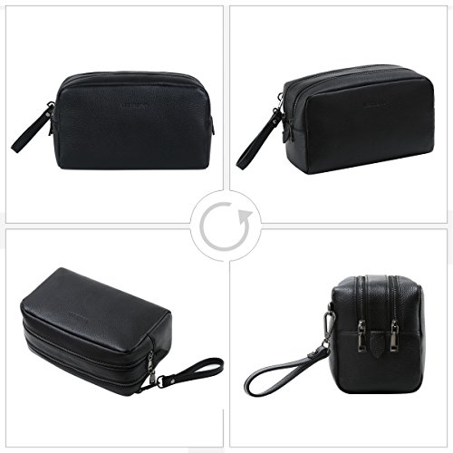 Leathario leather toiletry bag for men Travel Hanging genuine leather Two-layered storage sections organizer black