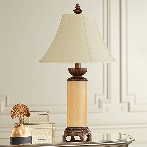 Traditional Table Lamp with Nightlight Bronze Onyx Column Off White Bell Shade for Living Room Family Bedroom - Barnes and Ivy