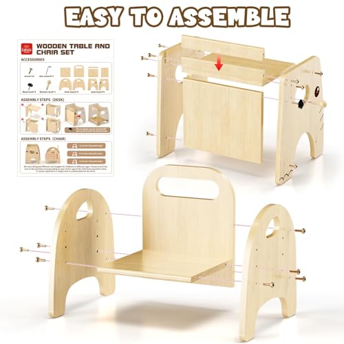 Lehoo Castle Toddler Table and Chair Set for 1-3 Years Boys Girls | 3-Level Adjustable Chair, Wooden Kid Desk with Shelf & Hook, Montessori Weaning Eating Playing Table, Easy Assemble, Elephant